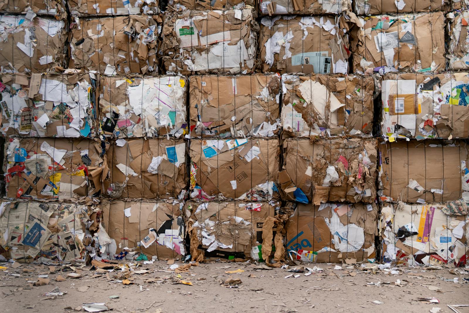 Compressed cardboard bales stacked at a recycling facility