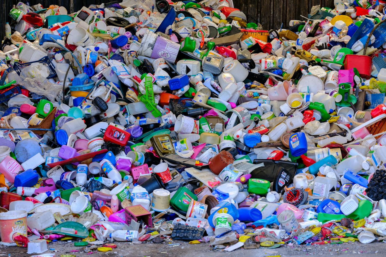 Colourful plastic waste collected for recycling processing